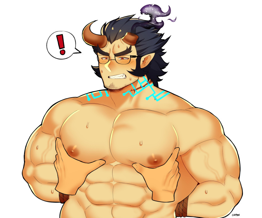 ! 1boy 1other abs absurdres bara beard blush bound bound_wrists chest clayten dark_blue_hair facial_hair fang groping highres horns male_focus muscle nipples pectoral_grab pectorals rope scar solo sweat takemaru_(tokyo_houkago_summoners) teeth thick_eyebrows tokyo_houkago_summoners upper_body