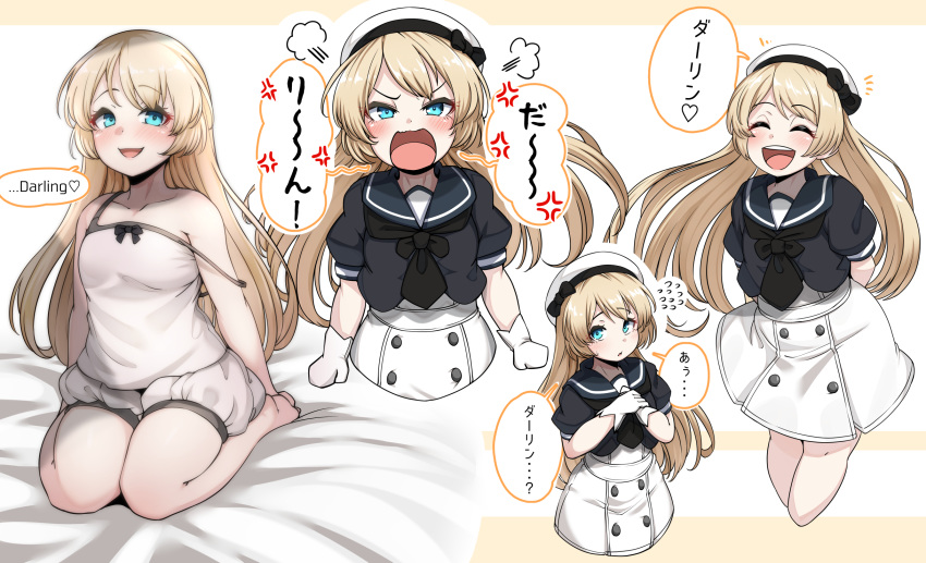 1girl ^_^ ^o^ anger_vein angry barefoot bed_sheet black_sailor_collar blonde_hair blue_eyes blush closed_eyes collarbone cropped_legs cropped_torso dress eyebrows_visible_through_hair flying_sweatdrops gloves hat heart highres jervis_(kantai_collection) kantai_collection long_hair multiple_views open_mouth ryuun_(stiil) sailor_collar sailor_dress sailor_hat seiza short_sleeves sitting smile speech_bubble upper_teeth white_gloves white_headwear