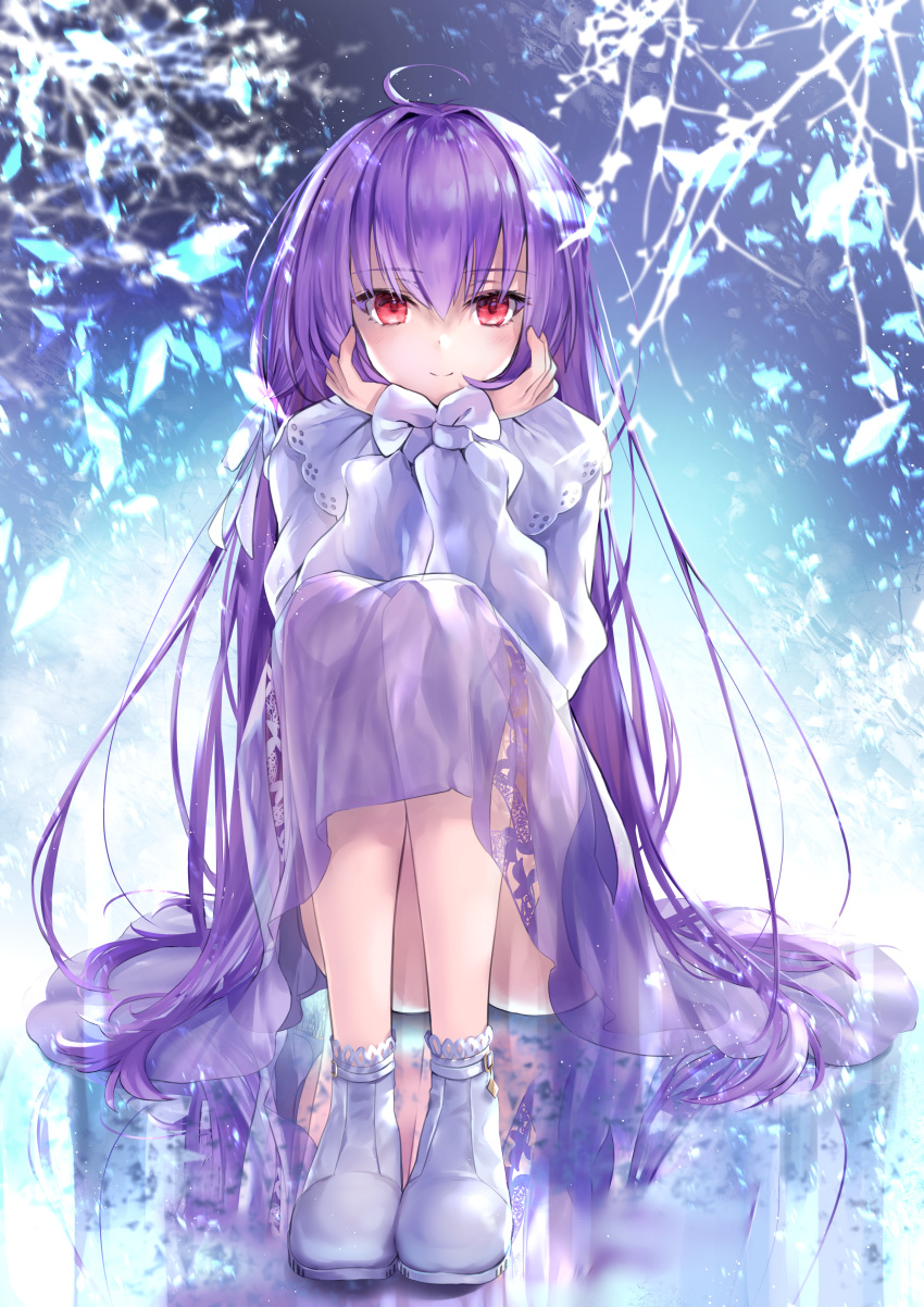 1girl absurdres bangs dress fate/grand_order fate_(series) frozen hane_yuki highres huge_filesize knees_up long_hair long_skirt long_sleeves purple_hair red_eyes scathach_(fate)_(all) scathach_skadi_(fate/grand_order) shoes sitting skirt smile solo