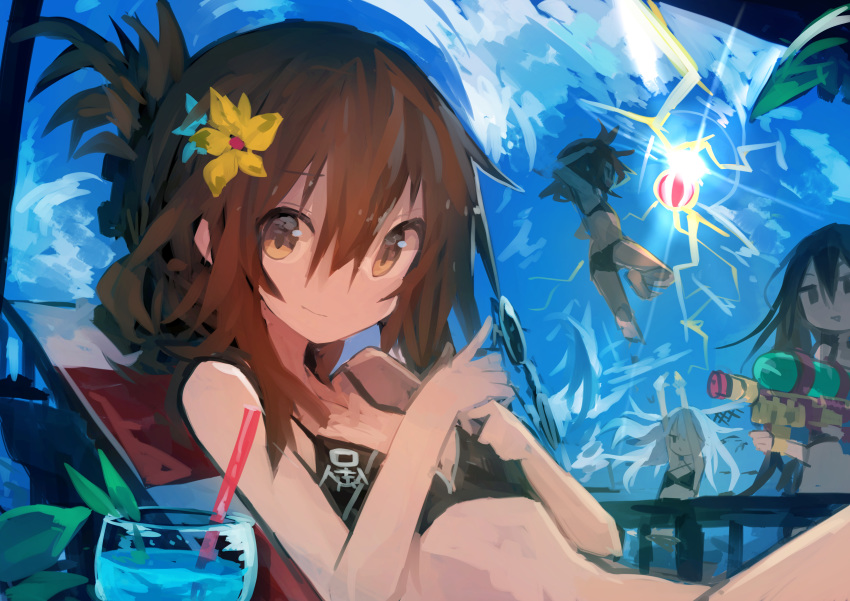 4girls absurdres akatsuki_(kantai_collection) bangs bikini black_bikini black_hair cup day drink drinking_straw flower folded_ponytail hair_between_eyes hair_flower hair_ornament hibiki_(kantai_collection) highres holding holding_eyewear ikazuchi_(kantai_collection) inazuma_(kantai_collection) jumping kaamin_(mariarose753) kantai_collection long_hair multiple_girls open_mouth outdoors ponytail sky smile sunglasses swimsuit volleyball water_gun white_hair