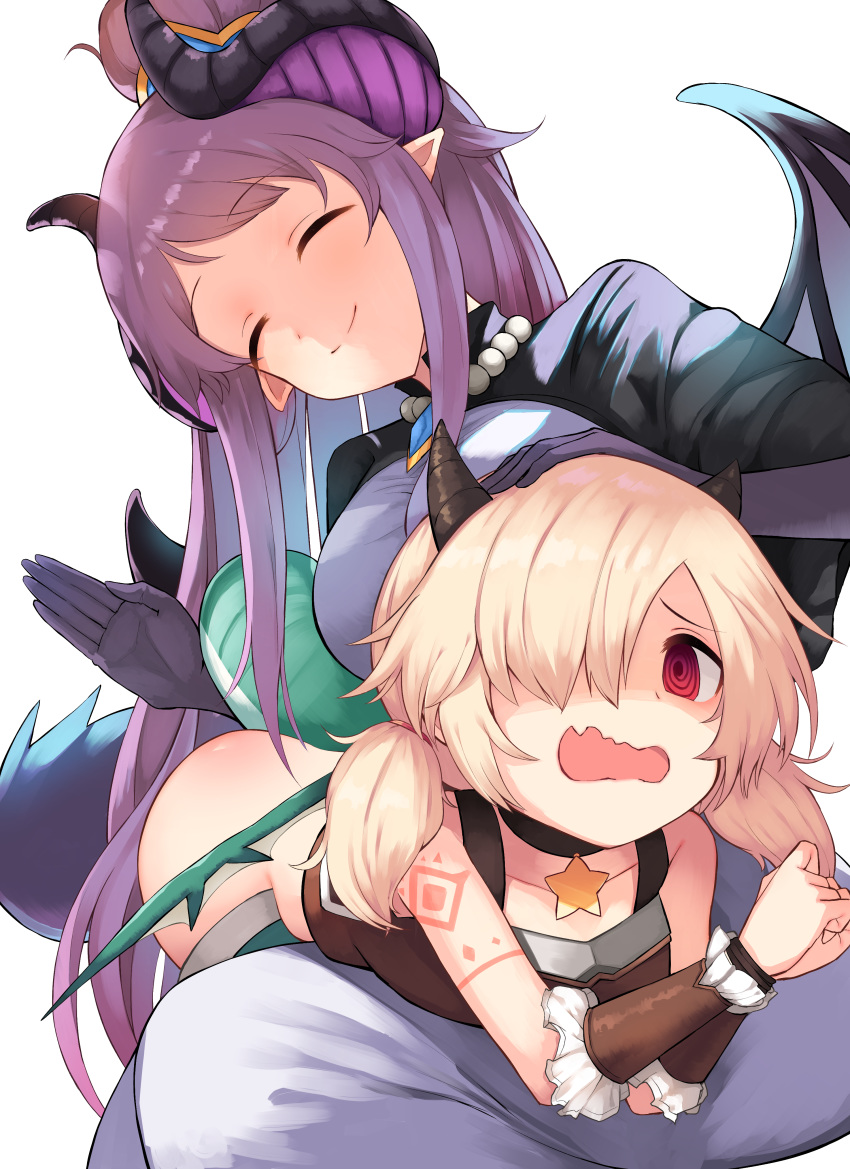 2girls absurdres ass bangs bare_shoulders bead_necklace beads breasts closed_eyes closed_mouth dragon_girl dragon_horns dragon_tail dragon_wings hair_bun hair_over_one_eye highres homare_(princess_connect!) horns inori_(princess_connect!) jewelry large_breasts long_hair low_twintails multiple_girls necklace open_mouth pointy_ears princess_connect! princess_connect!_re:dive purple_hair red_eyes smile spanked spanking tail tank_top twintails very_long_hair wavy_mouth wings yamato_(muchuu_paradigm)