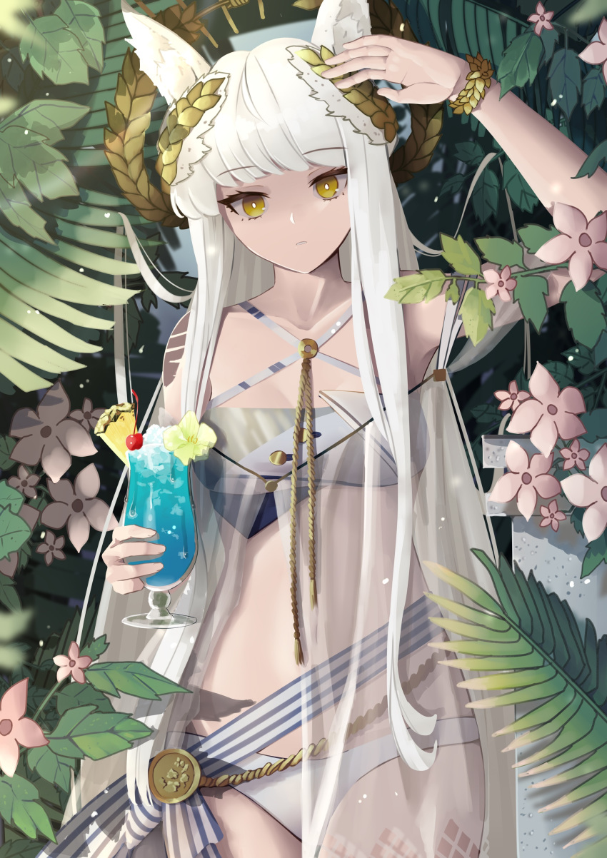 1girl absurdres animal_ears arknights arm_up bangs bikini brown_eyes commentary cowboy_shot criss-cross_halter cup drinking_glass eyebrows_visible_through_hair flower halterneck highres holding holding_cup laurel_crown long_hair looking_at_viewer platinum_(arknights) see-through shiryuu_akira silver_hair solo standing swimsuit white_bikini