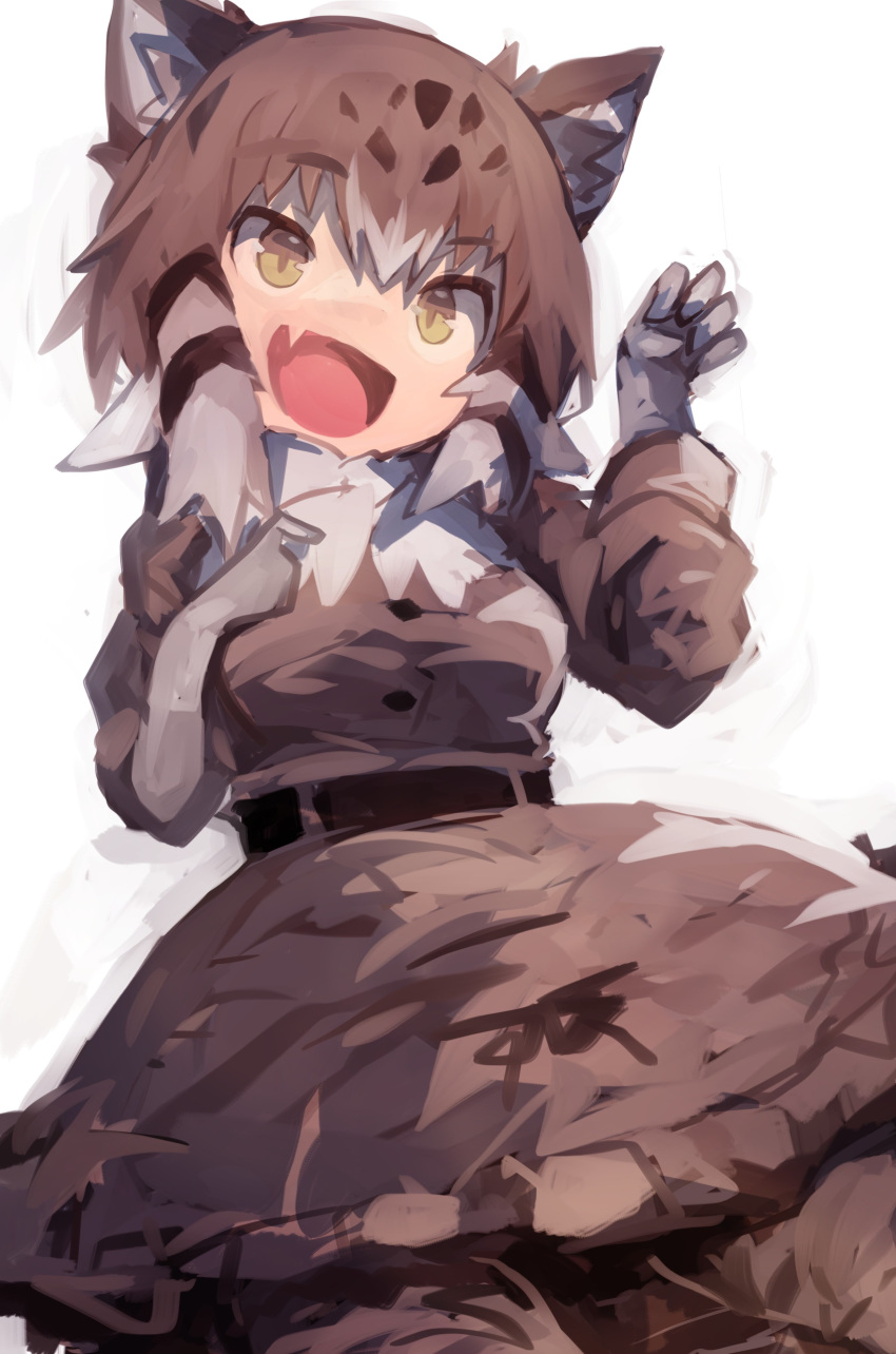 1girl absurdres animal_ear_fluff animal_ears bangs black_hair brown_dress brown_hair cat_ears dress eyebrows_visible_through_hair fang gloves grey_gloves grey_hair highres kaamin_(mariarose753) kemono_friends multicolored_hair open_mouth pallas's_cat_(kemono_friends) paw_pose short_hair simple_background skin_fang solo spotted_hair white_background yellow_eyes