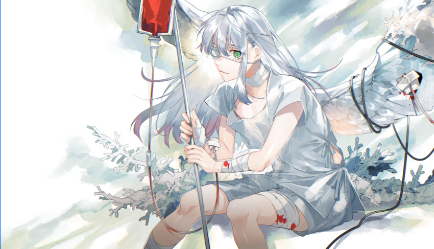 1boy angel angel_wings bandaged_arm bandaged_hand bandaged_leg bandaged_neck bandages blood blood_bag blood_donation closed_mouth collarbone coral eyebrows_visible_through_hair eyepatch eyes_visible_through_hair fingernails green_eyes hair_between_eyes holding intravenous_drip kyouichi long_hair male_focus original silver_hair sitting smile solo white_eyepatch wings