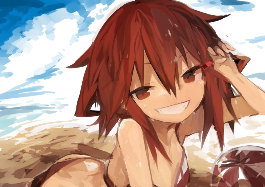 1girl absurdres ball bangs beach beachball bikini brown_eyes brown_hair day grin hair_between_eyes hair_ornament hairclip highres ikazuchi_(kantai_collection) kaamin_(mariarose753) kantai_collection outdoors red_bikini sand short_hair sky smile solo sweat swimsuit