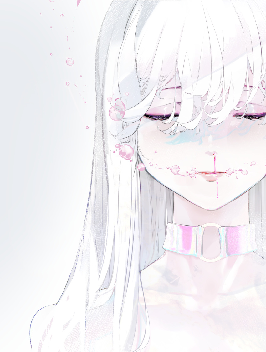 1girl absurdres air_bubble blood blood_on_face blush bubble choker closed_eyes closed_mouth collarbone eyeshadow face gradient gradient_background hair_between_eyes highres long_hair makeup mik3d nosebleed original pink_choker purple_eyeshadow upper_body white_hair white_theme
