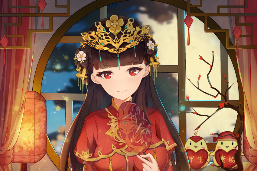 1girl azur_lane bangs black_hair blunt_bangs blurry blurry_background blush breasts capelet chinese_clothes commentary_request curtains double_bun dress eyebrows_visible_through_hair fan flower full_moon hair_flower hair_ornament headpiece highres holding holding_fan indoors jewelry lantern large_breasts light_particles long_hair long_sleeves looking_at_viewer manjuu_(azur_lane) moon night red_capelet red_dress red_eyes round_window smile solo_focus tassel tree upper_body yat_sen_(azur_lane) yat_sen_(coronal_afterglow)_(azur_lane) yoruka_kii