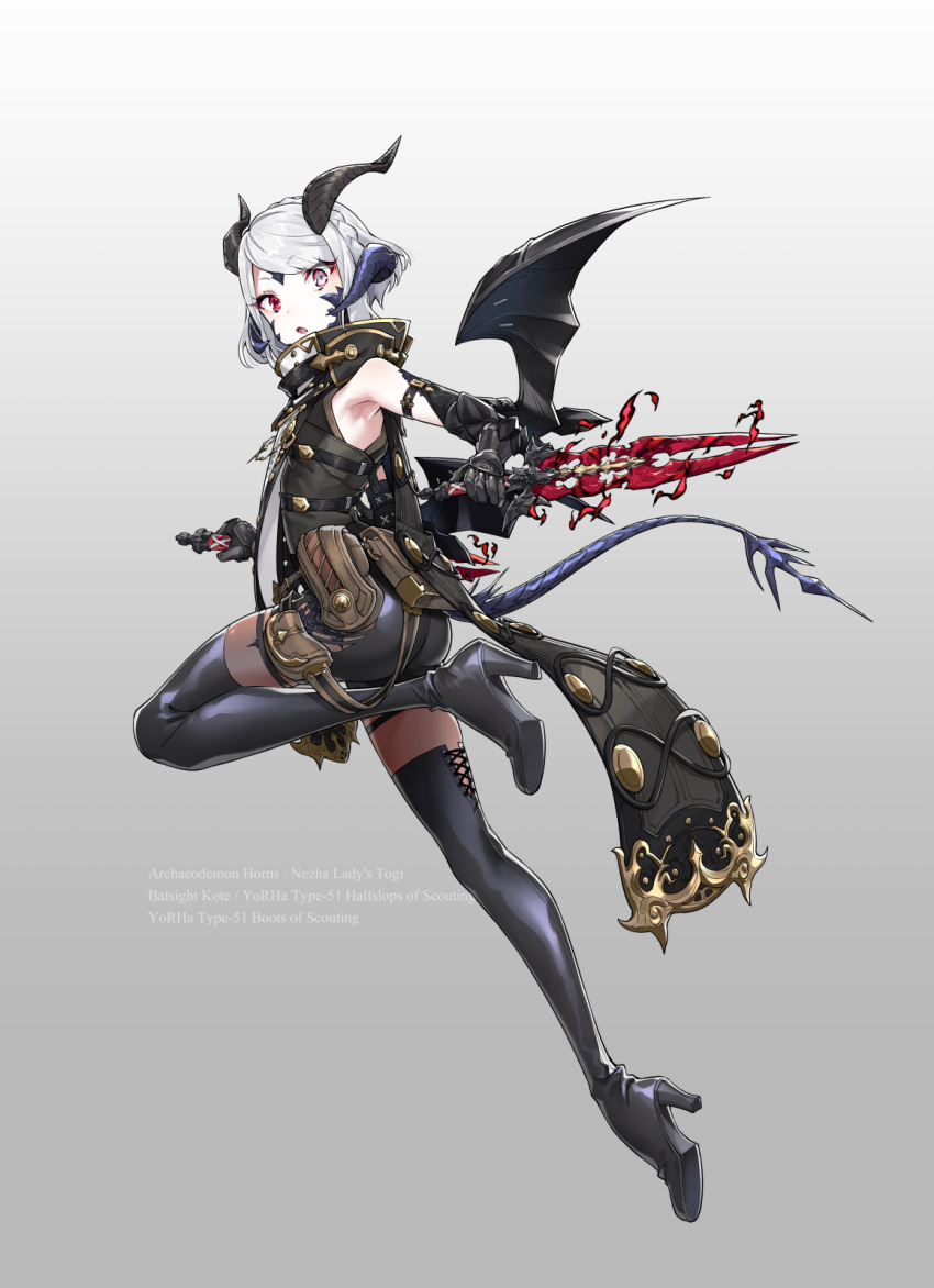 1girl ass au_ra black_footwear boots dagger dragon_horns dragon_tail dragon_wings dual_wielding english_text final_fantasy final_fantasy_xiv gradient gradient_background grey_background heterochromia high_heel_boots high_heels highres holding holding_dagger holding_weapon horns looking_at_viewer multiple_horns parted_lips red_eyes reverse_grip short_hair solo tail thigh-highs thigh_boots vest weapon westxost_(68monkey) white_hair wide-eyed wings