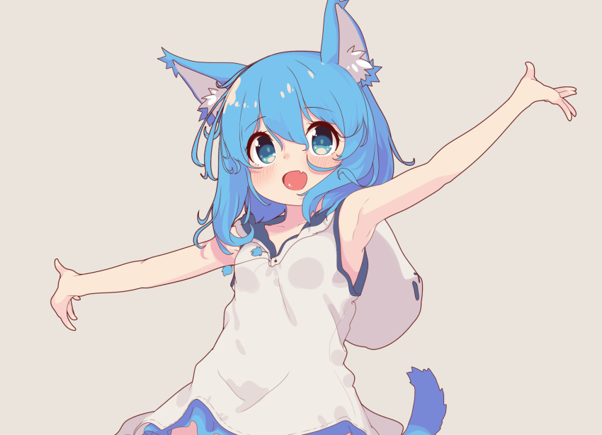 1girl animal_ear_fluff animal_ears aoi_tori armpits arms_up blue_eyes blue_hair cat_ears cat_tail dress grey_background highres hood open_mouth original outstretched_arms short_dress short_hair simple_background sleeveless sleeveless_dress smile solo tail upper_body white_dress