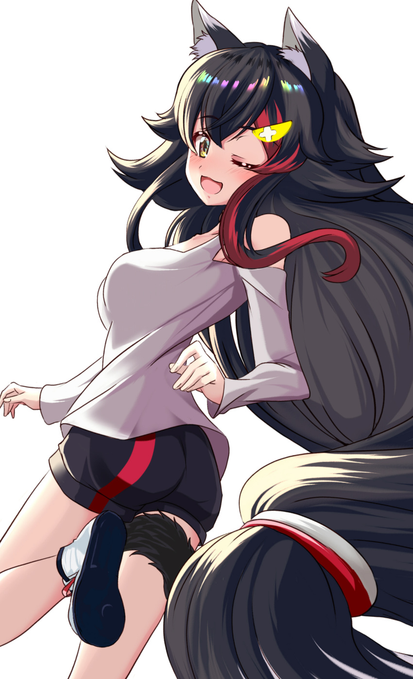 1girl ;d absurdres animal_ear_fluff animal_ears bare_shoulders black_hair highlights highres hololive long_hair long_sleeves multicolored_hair one_eye_closed ookami_mio open_mouth redhead risian shirt shorts smile tail very_long_hair virtual_youtuber wolf_ears wolf_tail yellow_eyes