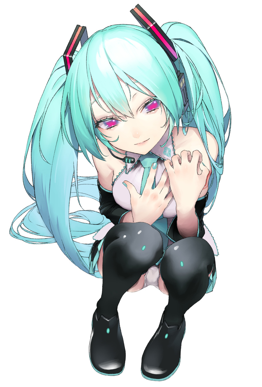 1girl bare_shoulders blue_hair breasts commentary_request detached_sleeves full_body hair_between_eyes hatsune_miku highres looking_at_viewer medium_breasts necktie panties panties_day rsk_(tbhono) simple_background skirt solo thigh-highs twintails underwear vocaloid white_background