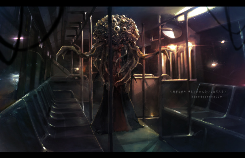 arms_at_sides black_dress bloodborne cable contemporary dress eldritch_abomination extra_eyes eyes full_body ground_vehicle hand_grip horror_(theme) long_sleeves looking_at_viewer mono_(jdaj) monster no_humans red_dress seat standing subway tentacles train train_interior two-tone_dress winter_lantern