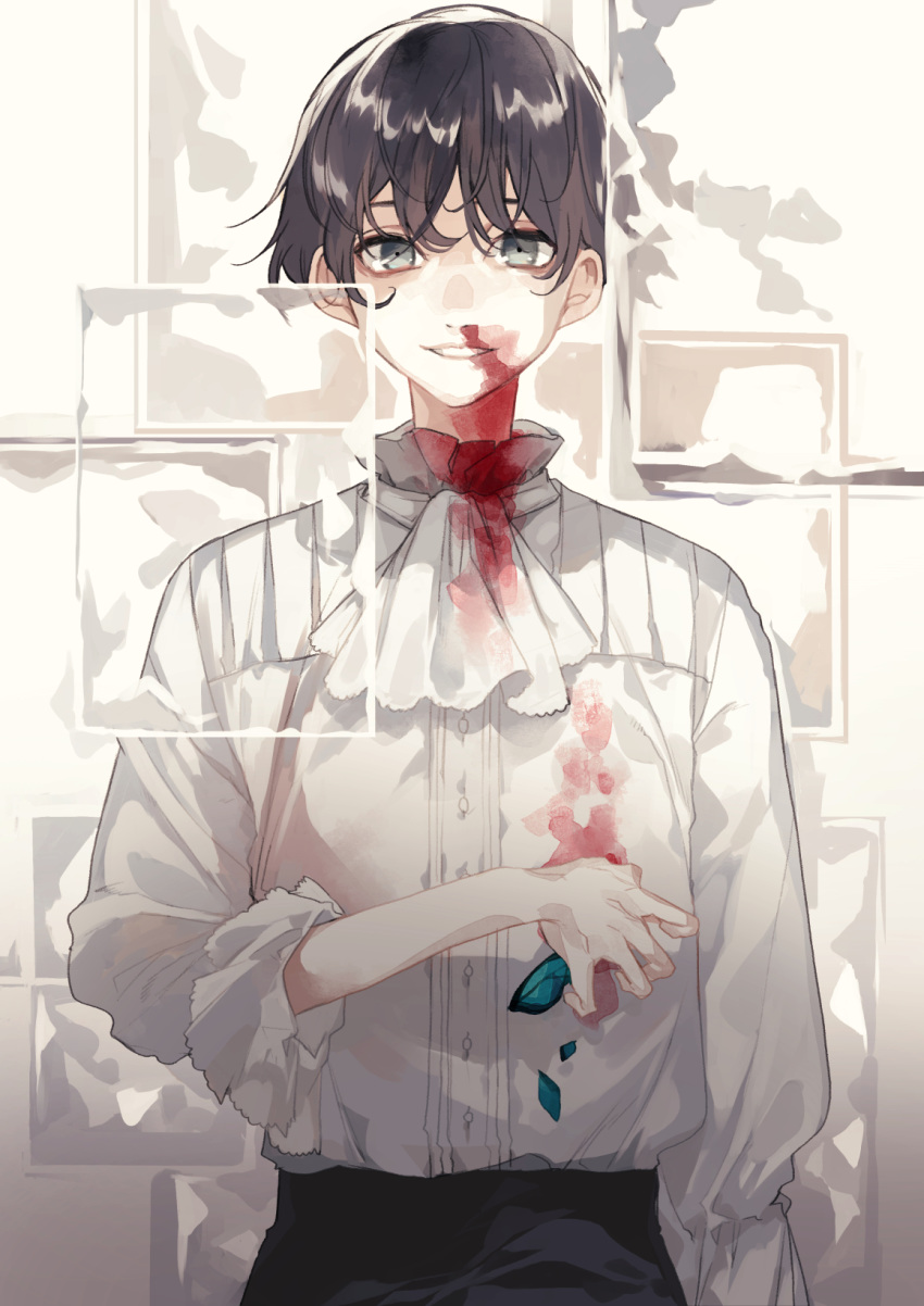 1boy animal blood blood_on_face bloody_clothes blue_butterfly brown_hair bug butterfly death green_eyes highres holding insect kyouichi male_focus nosebleed original smile solo