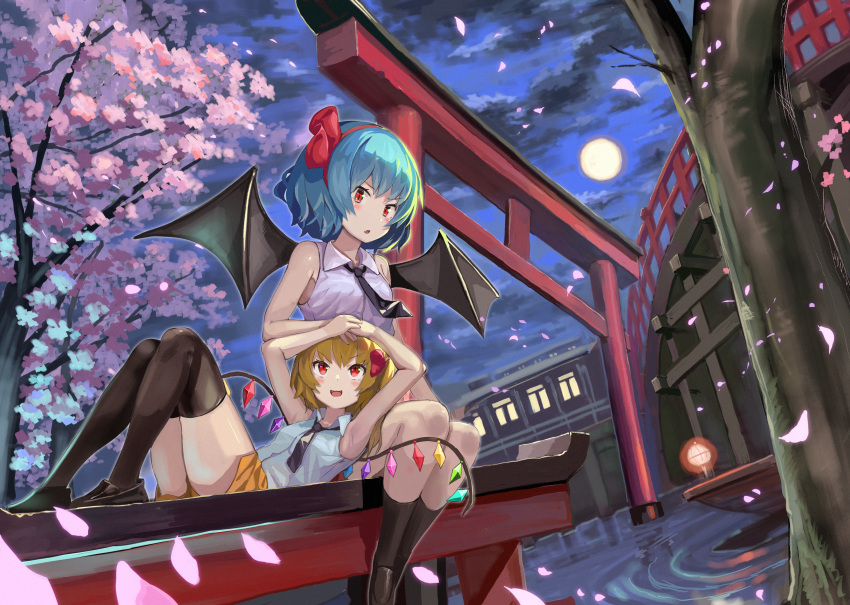2girls :o absurdres alternate_costume armpits bangs bat_wings black_footwear black_legwear black_neckwear blonde_hair blue_hair blush boat bridge check_commentary cherry_blossoms clouds cloudy_sky collared_shirt commentary_request crystal fang fangs flandre_scarlet full_body full_moon hair_ribbon hairband hand_on_another's_head hands_on_own_head highres holding_hand huge_filesize isemori lantern lap_pillow lavender_shirt loafers looking_up lying moon multiple_girls necktie night night_sky no_headwear on_back one_side_up open_mouth orange_shorts over-kneehighs petals petting purple_sky railing red_eyes red_hairband red_ribbon remilia_scarlet ribbon ripples shirt shoes short_hair shorts siblings sisters sitting sky sleeveless sleeveless_shirt slit_pupils socks thigh-highs torii touhou tree v-shaped_eyebrows water watercraft white_shirt wind wing_collar wings