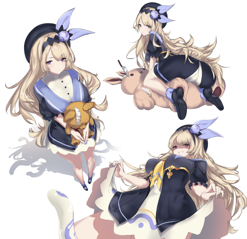 1girl absurdres ass between_breasts black_headwear blonde_hair blush breasts closed_mouth dragalia_lost dress evil_grin evil_smile eyebrows_visible_through_hair eyes_visible_through_hair fingernails grin hairband hat highres holding holding_stuffed_animal holding_stuffed_toy knife large_breasts lathna lifted_by_self long_hair necktie necktie_between_breasts neckwear_between_breasts shaded_face shadow simple_background slime smile solo standing stuffed_animal stuffed_toy violet_eyes wet white_background xeirn yellow_neckwear