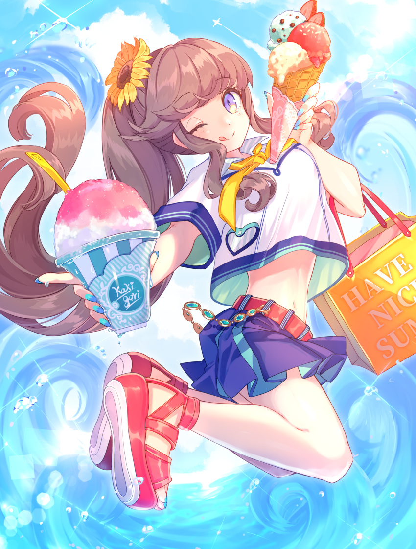 1girl :p absurdres bag brown_hair crepe flower food hair_flower hair_ornament highres holding holding_food ice_cream jumping macchoko one_eye_closed original ponytail school_uniform serafuku shaved_ice shirt shoes shopping_bag skirt solo summer tongue tongue_out violet_eyes water