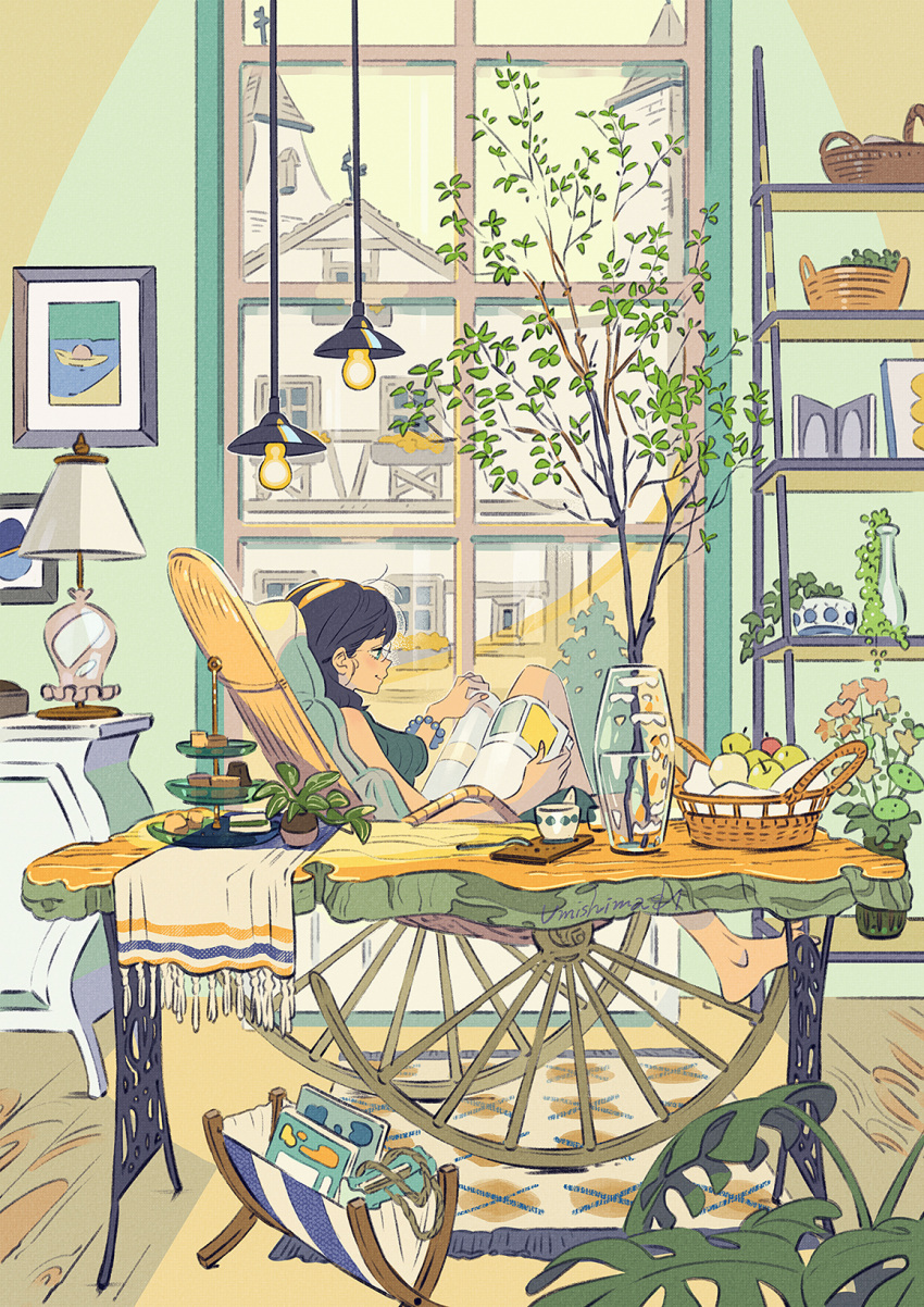 1girl bare_legs barefoot basket blue_hair bracelet breasts chair cityscape cup floor food fruit glasses highres jewelry lamp magazine medium_breasts original picture_(object) plant potted_plant reclining rocking_chair rug short_hair smile sweater table teacup umishima_senbon vase window wooden_floor