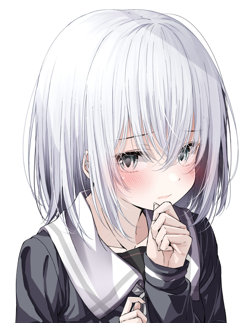 1girl absurdres bang_dream! bangs blush closed_mouth collarbone commentary_request embarrassed eyebrows_visible_through_hair grey_eyes grey_neckwear hair_between_eyes highres kurata_mashiro long_sleeves looking_at_viewer neckerchief rits_(apud8788) school_uniform silver_hair simple_background solo tsukinomori_school_uniform upper_body white_background