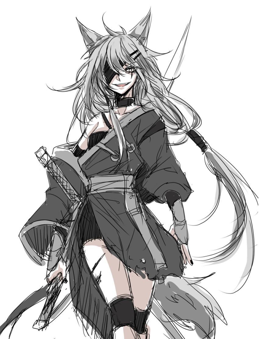 1girl alternate_costume animal_ears arknights bangs black_choker black_legwear black_nails breasts choker eyepatch facial_mark feet_out_of_frame fingerless_gloves gloves grey_eyes hair_between_eyes hair_ornament hairclip highres holding holding_sword holding_weapon knee_brace lappland_(arknights) long_hair looking_at_viewer medium_breasts messy_hair nga_(artist) originium_(arknights) scar silver_hair simple_background slit_pupils smile solo sword tail tied_hair very_long_hair walking weapon white_background wolf_ears wolf_girl wolf_tail