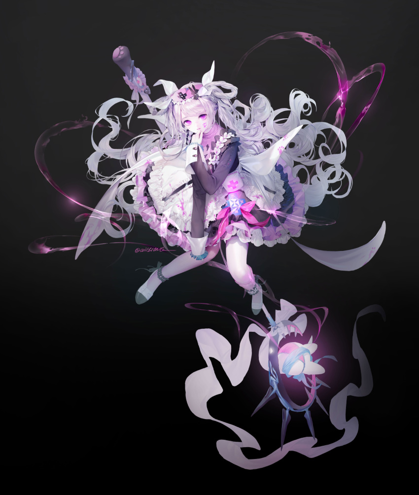 1girl absurdres bangs black_background floating hand_on_own_chin highres korean_commentary long_hair looking_at_viewer looking_up original paw_print solo staff very_long_hair violet_eyes white_hair wil1long