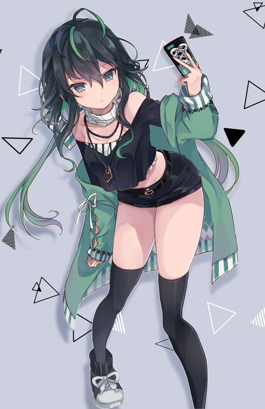 1girl absurdres bangs bare_shoulders black_hair black_legwear black_shorts breasts cellphone eyebrows_visible_through_hair green_eyes green_hair green_jacket hair_between_eyes highres jacket looking_at_viewer midriff multicolored_hair navel nijisanji nijisanji_kr phone rokubungiurana shin_yuya short_shorts shorts simple_background solo thigh-highs virtual_youtuber