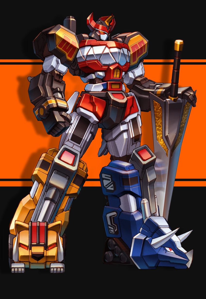 black_background clenched_hand daijuujin dinosaur glowing glowing_eyes highres holding holding_sword holding_weapon horns korean_commentary kyouryuu_sentai_zyuranger mecha megazord mighty_morphin_power_rangers no_humans orange_eyes power_rangers standing super_sentai superphotrone sword weapon