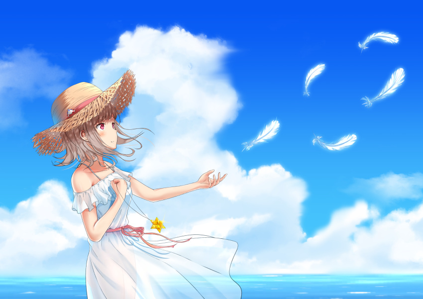 1girl arata_(xin) bangs bare_arms bare_shoulders blue_sky breasts clenched_hand commentary_request dangan_ronpa day dress eyebrows_visible_through_hair feathers flipped_hair flying hair_ornament hairclip hat highres holding horizon jewelry jewelry_removed medium_breasts nanami_chiaki necklace necklace_removed ocean pink_eyes pink_hair revision see-through short_hair short_sleeves sky sleeveless smile solo star_(symbol) star_necklace sun_hat super_dangan_ronpa_2 water white_dress white_feathers wind
