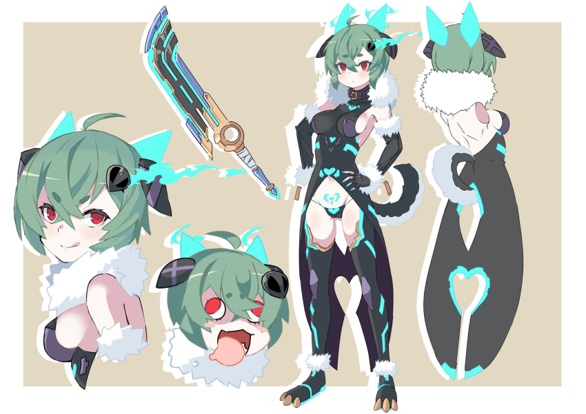 1girl :q ahoge bangs blush border breasts closed_mouth concept_art crossed_bangs detached_sleeves fur-trimmed_sleeves fur_trim green_hair hair_between_eyes hands_on_hips highres looking_at_viewer medium_breasts multiple_views original outline red_eyes short_hair smile sumii sword tail thick_eyebrows tongue tongue_out weapon white_border white_outline