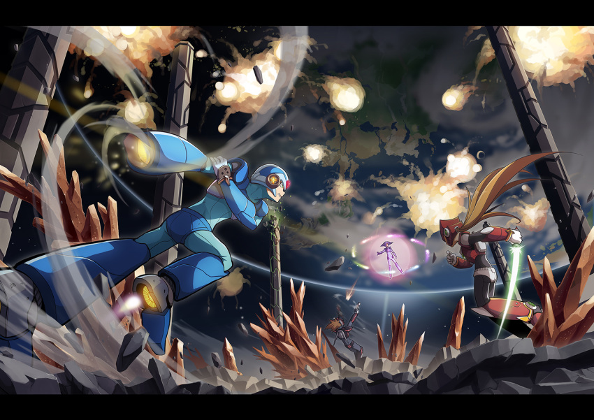 arm_cannon arm_up aura battle cape character_request check_commentary commentary_request energy_sword explosion floating highres holding holding_sword holding_weapon levitation motion_blur outdoors partial_commentary planet robot rockman rockman_x sword tanziya_(codlxcold) weapon x_(rockman) yellow_cape zero_(rockman)