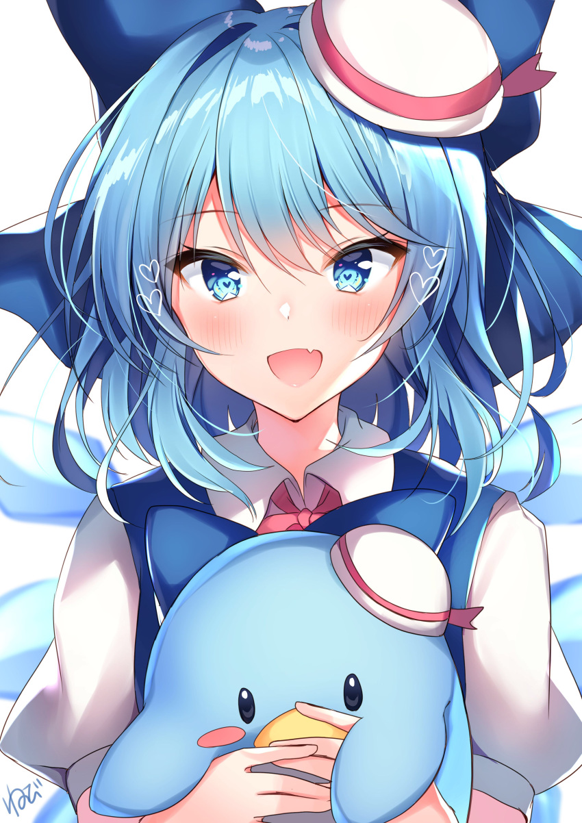 1girl :d absurdres bangs blue_bow blue_eyes blush bow cirno collared_shirt commentary_request creature eyebrows_visible_through_hair fang hair_bow hat heart heart-shaped_pupils highres holding ice ice_wings large_bow looking_at_viewer medium_hair mini_hat nenobi_(nenorium) open_mouth pink_neckwear shirt short_sleeves signature simple_background skin_fang smile solo symbol-shaped_pupils touhou upper_body white_background white_headwear white_shirt wings