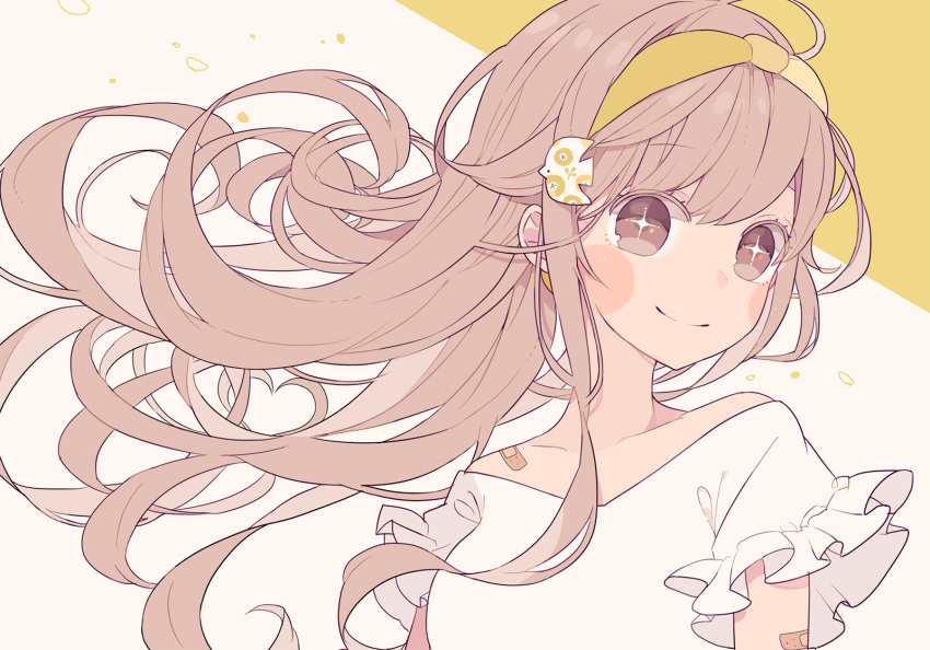 +_+ 1girl bandaid bandaid_on_arm blush brown_eyes brown_hair chon_(chon33v) collarbone commentary_request fish_hair_ornament floating_hair frilled_sleeves frills hair_ornament hairband highres long_hair original shirt short_sleeves smile solo upper_body white_shirt yellow_hairband