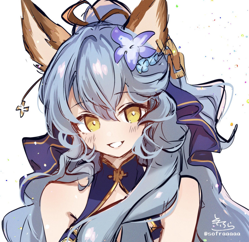 1girl animal_ears bangs bare_shoulders blue_dress blue_flower blue_hair blush breasts brown_eyes brown_ribbon chain commentary_request dress erune eyebrows_visible_through_hair ferry_(granblue_fantasy) flower granblue_fantasy hair_between_eyes hair_bun hair_flower hair_ornament hair_ribbon highres long_hair looking_at_viewer medium_breasts purple_flower ribbon signature sleeveless sleeveless_dress smile sofra solo twitter_username white_background