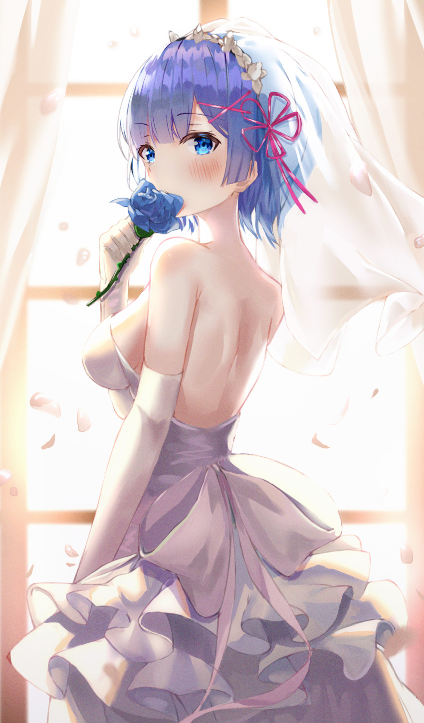 1girl alternate_costume arm_at_side backless_dress backless_outfit bangs bare_shoulders blue_eyes blue_flower blue_hair blush breasts bridal_veil commentary_request covering_mouth day dress elbow_gloves flower flower_knot from_behind gloves hair_ornament hair_ribbon hand_up highres holding holding_flower looking_at_viewer lotpi medium_breasts re:zero_kara_hajimeru_isekai_seikatsu red_ribbon rem_(re:zero) ribbon short_hair sleeveless sleeveless_dress solo strapless strapless_dress sunlight veil wedding_dress white_dress white_gloves window x_hair_ornament