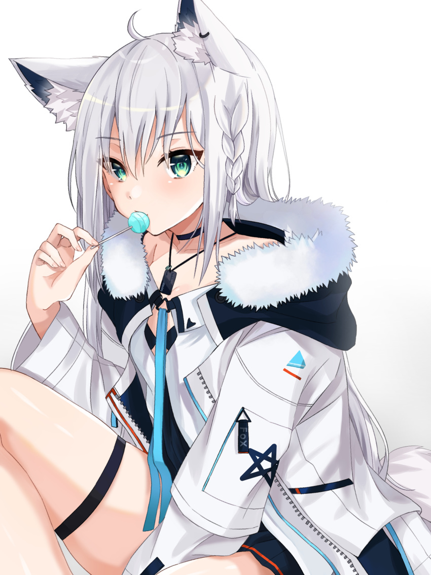 1girl absurdres ahoge animal_ears bangs black_bra black_skirt blue_eyes bra braid candy choker dog_tags eyebrows_visible_through_hair eyes_visible_through_hair food fox_ears fox_tail fur-trimmed_jacket fur_collar fur_trim hair_between_eyes highres holding holding_candy holding_food holding_lollipop hololive jacket jewelry lollipop long_hair long_sleeves looking_at_viewer moonbell open_clothes open_jacket pentagram pleated_skirt shirakami_fubuki simple_background single_braid single_earring skirt solo tail thigh_strap underwear virtual_youtuber white_background white_hair white_jacket