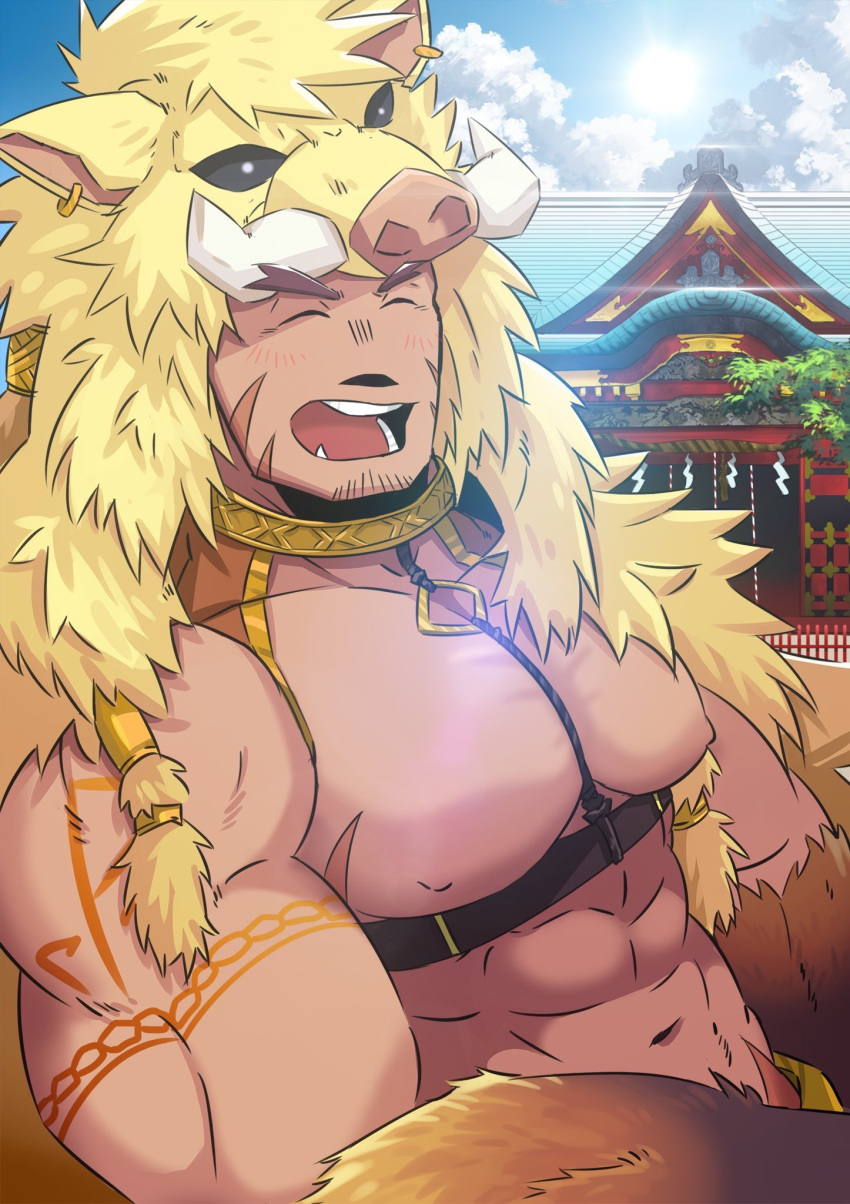 1boy abs animal_hood bara beard blush chest collar facial_hair fang gullinbursti_(tokyo_houkago_summoners) highres hood male_focus muscle navel nipples oro9 pectorals revealing_clothes scar smile solo thighs tokyo_houkago_summoners upper_body