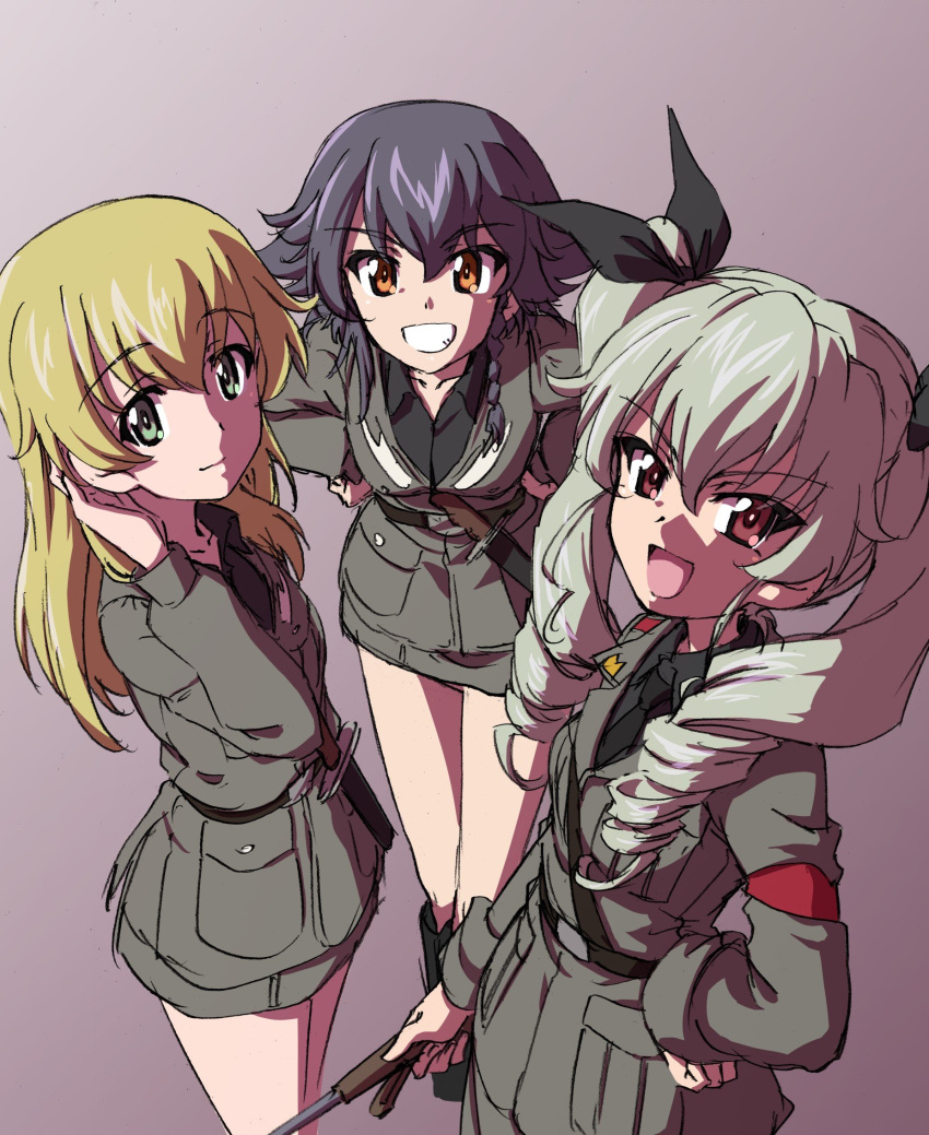 3girls :d anchovy_(girls_und_panzer) anzio_military_uniform black_hair black_shirt blonde_hair braid brown_eyes carpaccio_(girls_und_panzer) closed_mouth cowboy_shot drill_hair girls_und_panzer green_eyes green_hair green_jacket green_shirt grey_background hand_on_hip hands_on_hips highres jacket leaning_forward long_hair long_sleeves looking_at_viewer medium_hair multiple_girls necktie open_mouth pepperoni_(girls_und_panzer) riding_crop robinsonk9999 shirt simple_background smile standing teeth twintails