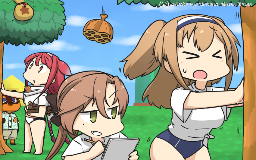 1other 3girls adapted_costume ahoge akigumo_(kantai_collection) asymmetrical_bangs bangs blue_sky blue_swimsuit braid brown_hair clouds commentary_request covered_navel crossover dated day doubutsu_no_mori falling green_eyes hair_flaps hair_ribbon hairband hamu_koutarou highres hornet_nest i-26_(kantai_collection) kantai_collection kawakaze_(kantai_collection) light_brown_hair long_hair low_twintails multiple_girls new_school_swimsuit outdoors pencil ponytail pushing redhead remodel_(kantai_collection) ribbon scarf school_swimsuit shirt sidelocks sketch_pad sky swimsuit swimsuit_under_clothes t-shirt tanukichi_(doubutsu_no_mori) tree twin_braids twintails two_side_up very_long_hair wasp_nest white_scarf white_shirt yellow_eyes