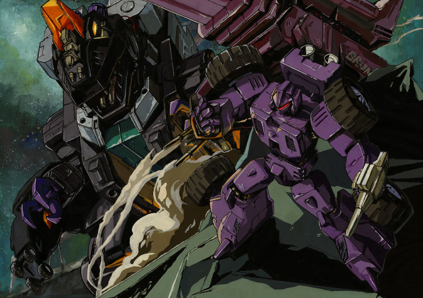 1980s_(style) cannon claws clenched_hand debris decepticon dinosaur full-tilt holding holding_weapon marble-v mecha oldschool orange_eyes red_eyes robot_animal sharp_teeth smoke space teeth tire transformers trypticon weapon