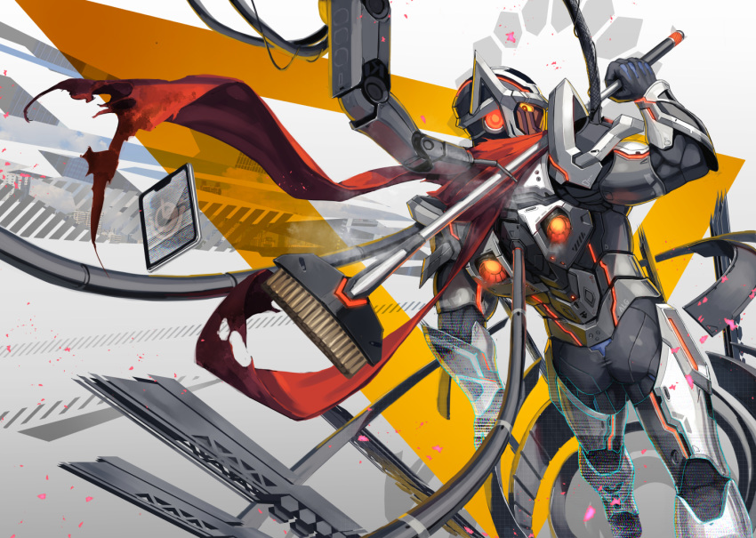 1boy algernon_(tokyo_houkago_summoners) armor ass dai-xt day from_behind full_armor gloves helmet male_focus over_shoulder red_eyes red_scarf scarf solo tokyo_houkago_summoners weapon yellow_sclera