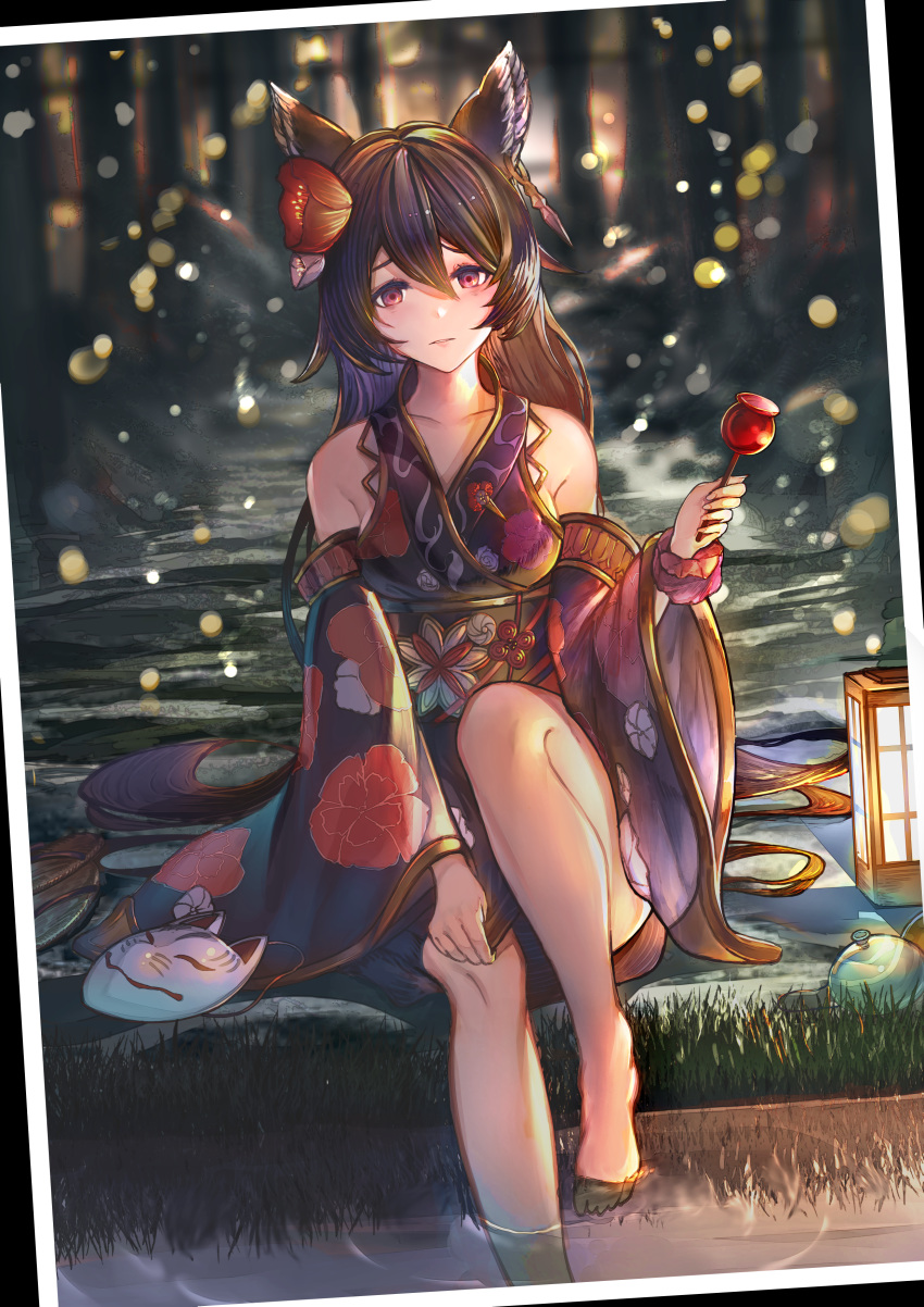 1girl absurdres animal_ears bare_legs bare_shoulders barefoot black_hair candy_apple collarbone ear_piercing erune expressionless flower food fox_mask granblue_fantasy grass hair_flower hair_ornament highres huge_filesize japanese_clothes kimono lantern long_hair mask nier_(granblue_fantasy) occa-key parted_lips photo_(object) piercing red_eyes reflective_water soaking_feet solo yukata