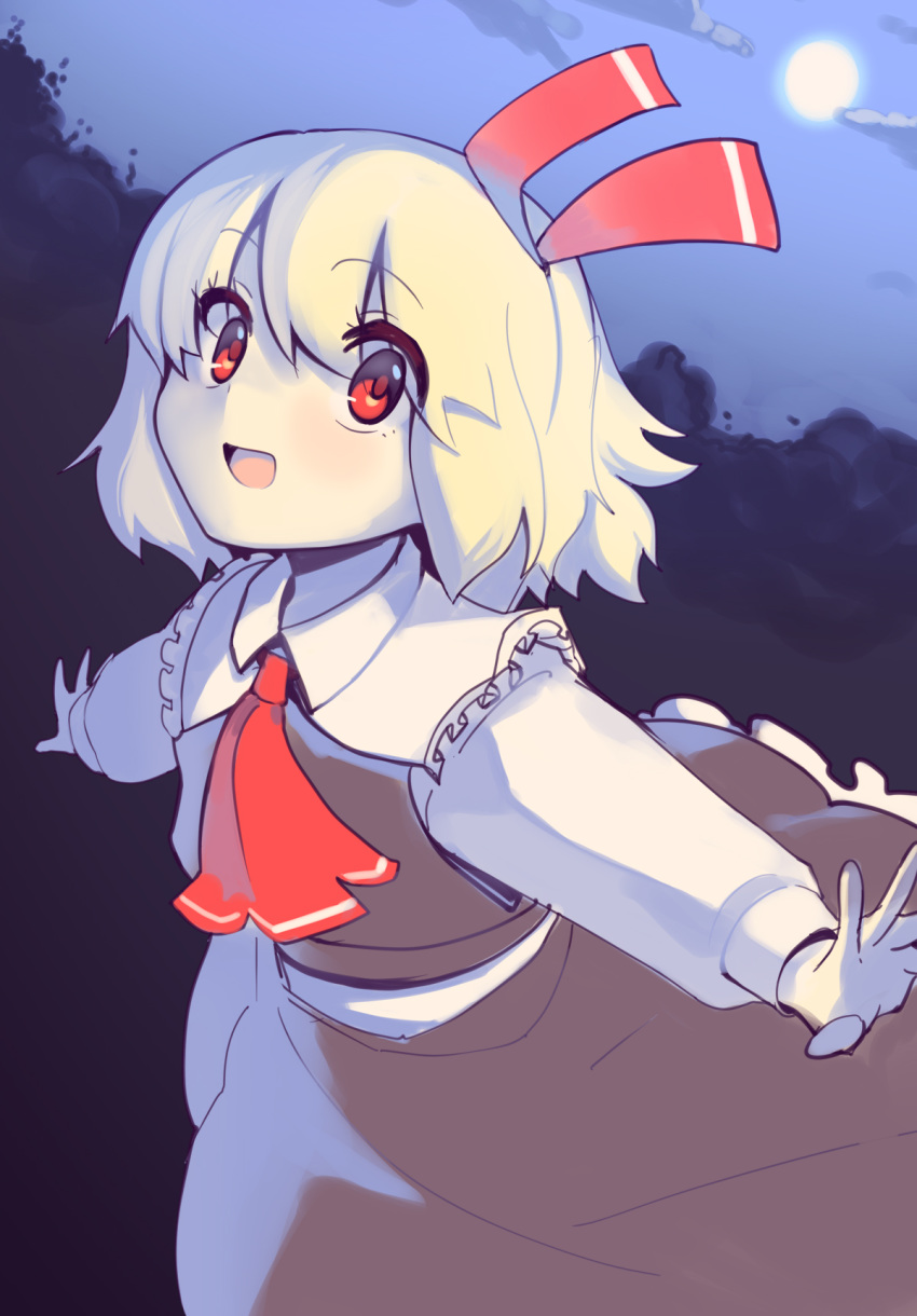 1girl :d ascot black_skirt black_vest blonde_hair boa_(brianoa) bow eyebrows_visible_through_hair full_moon hair_bow highres long_sleeves looking_at_viewer moon night night_sky open_mouth outdoors outstretched_arms red_eyes red_neckwear rumia short_hair skirt sky smile solo spread_arms touhou vest