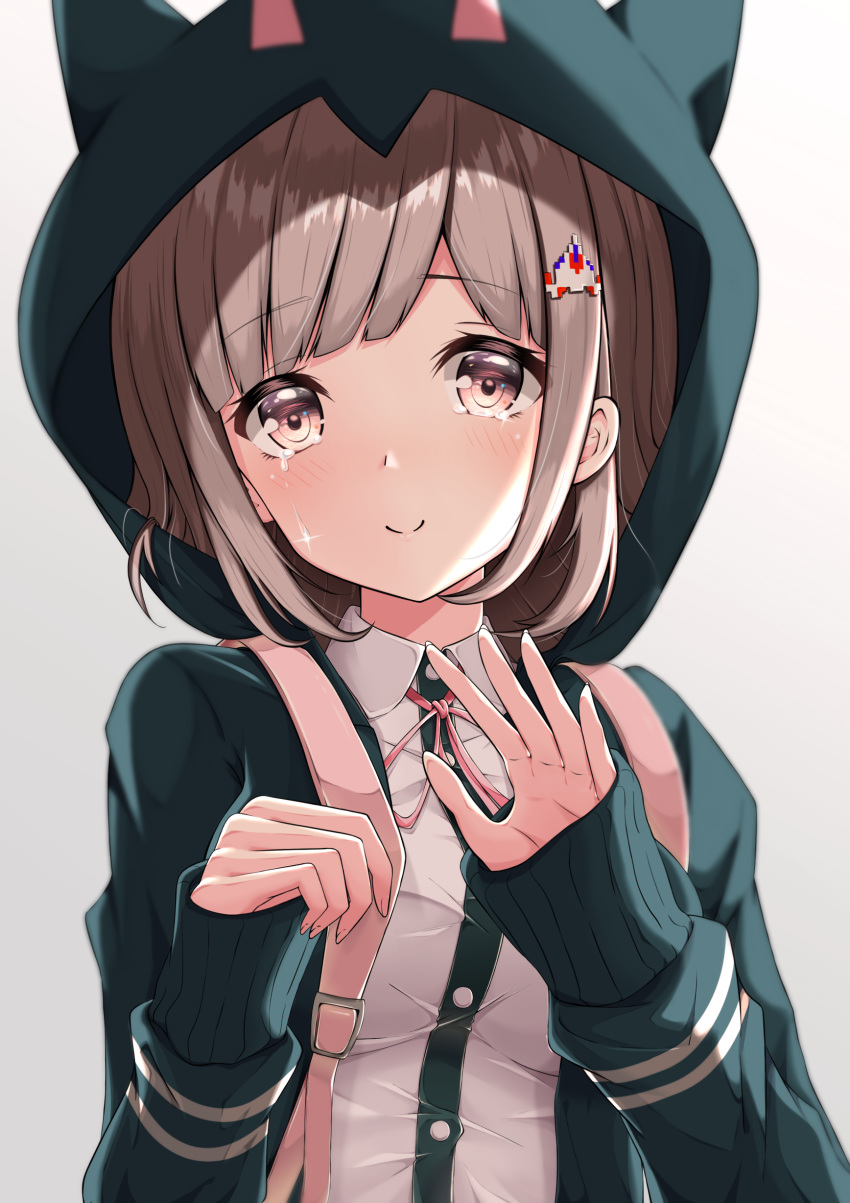 1girl absurdres arata_(xin) blush breasts brown_eyes brown_hair cardigan commentary_request crying crying_with_eyes_open dangan_ronpa dress_shirt grey_background hair_ornament hairclip highres hood hood_up hooded_cardigan looking_at_viewer medium_breasts nanami_chiaki neck_ribbon open_cardigan open_clothes pink_neckwear pink_ribbon revision ribbon shiny shiny_hair shirt short_hair smile solo super_dangan_ronpa_2 tears upper_body white_shirt