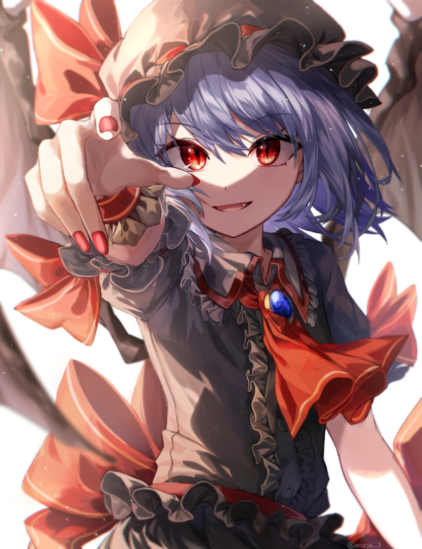 1girl ascot bat_wings blue_hair brooch cravat eyebrows_visible_through_hair fang fingernails hair_between_eyes hat hat_ribbon highres jewelry looking_at_viewer mob_cap mozuno_(mozya_7) nail_polish outstretched_hand reaching_out red_eyes red_nails red_neckwear remilia_scarlet ribbon short_hair simple_background slit_pupils smile solo standing touhou upper_body white_background wings wrist_cuffs