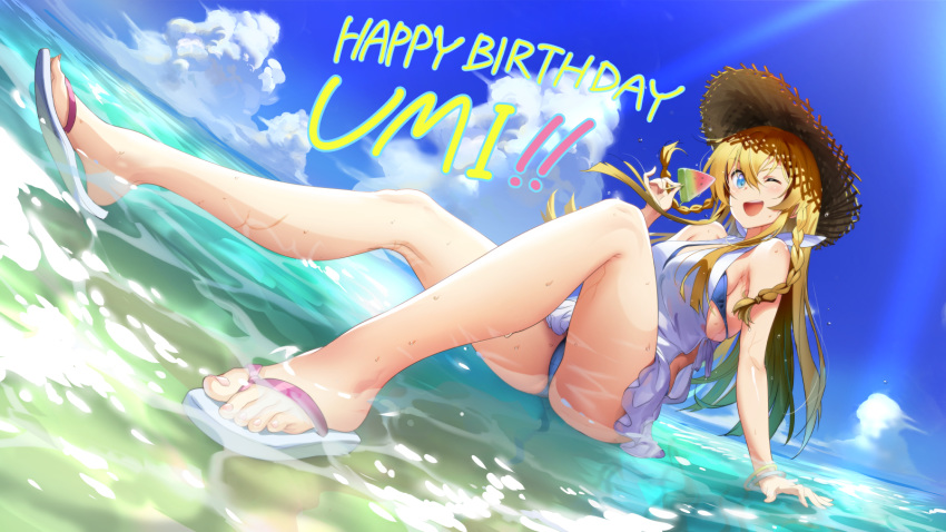 1girl ;d andou_shuuki arm_support bangs bare_arms bare_legs bare_shoulders bikini bikini_under_clothes blue_bikini blue_eyes blue_sky bracelet braid breasts brown_hair character_name clouds commentary_request day dress dutch_angle eyebrows_visible_through_hair flip-flops food frilled_dress frills full_body hair_between_eyes halterneck hand_up happy_birthday hat highres holding holding_food horizon idolmaster idolmaster_million_live! jewelry knees_up kousaka_umi legs long_hair looking_at_viewer medium_breasts ocean one_eye_closed open_mouth outdoors partially_submerged popsicle sandals shallow_water short_dress side_cutout sitting sky sleeveless sleeveless_dress smile solo straw_hat sunlight swimsuit toenails toes twin_braids upper_teeth water water_drop watermelon_bar wet white_dress white_footwear