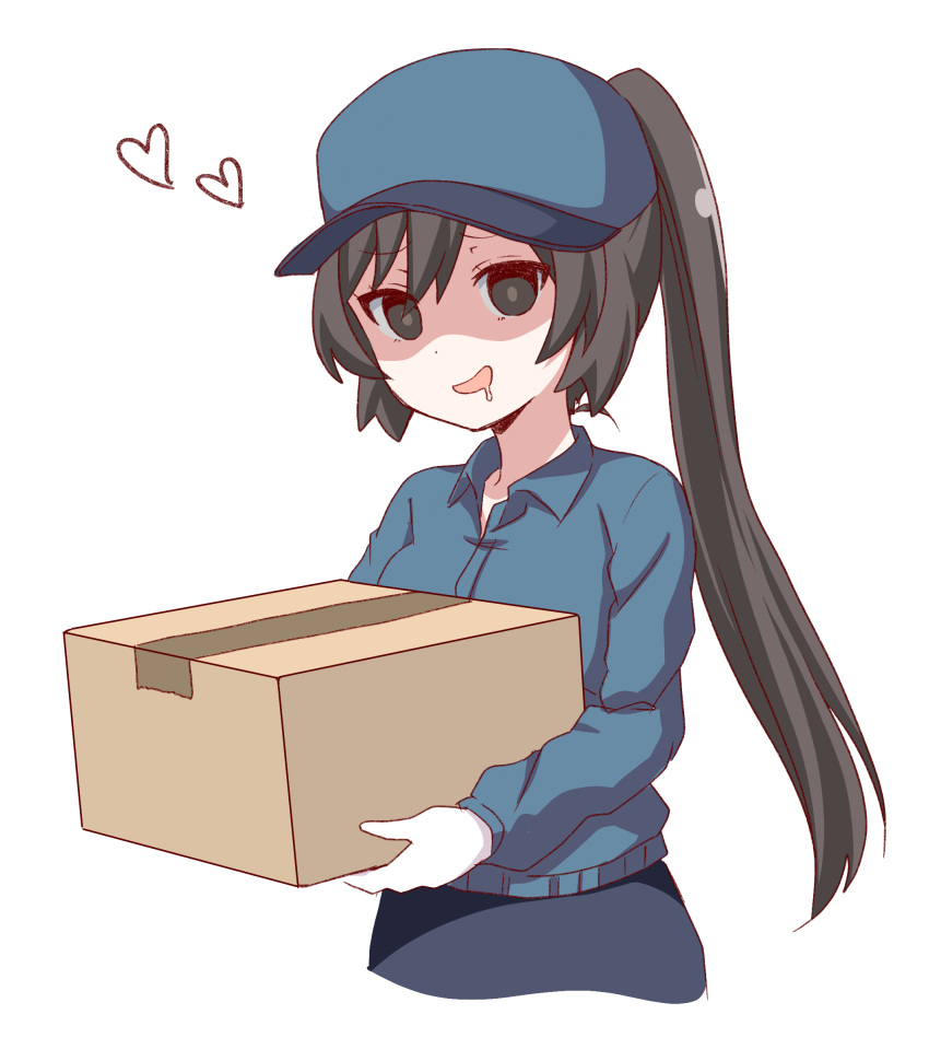 1girl absurdres bangs blue_shirt blush box brown_eyes brown_hair cardboard_box closed_mouth collared_shirt drooling empty_eyes eyebrows_visible_through_hair gloves hair_between_eyes hat heart highres long_hair long_sleeves looking_at_viewer matsumoto_kouko oversized_clothes shirt sidelocks simple_background smile solo unbuttoned unbuttoned_shirt usagi_koushaku very_long_hair watashi_ni_tenshi_ga_maiorita! white_background