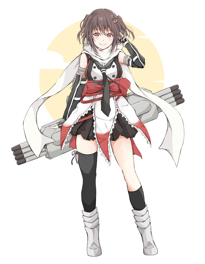 1girl asymmetrical_legwear black_gloves black_legwear black_skirt brown_eyes brown_hair dairyo3 elbow_gloves fingerless_gloves full_body gloves hair_ornament hand_in_hair highres kantai_collection looking_at_viewer remodel_(kantai_collection) scarf school_uniform sendai_(kantai_collection) serafuku simple_background single_thighhigh skirt smile solo thigh-highs torpedo two_side_up white_background white_scarf