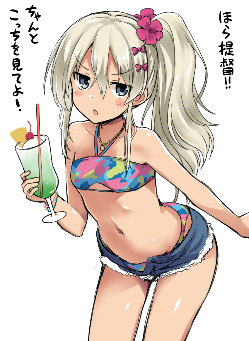 1girl absurdres bangs bikini blonde_hair blue_eyes blush cup denim denim_shorts drinking_straw eyebrows_visible_through_hair flower glass grecale_(kantai_collection) hair_between_eyes hair_flower hair_ornament highres holding holding_cup jewelry kantai_collection kokutou_nikke long_hair multicolored multicolored_bikini multicolored_clothes necklace open_mouth ponytail short_shorts shorts simple_background solo swimsuit white_background