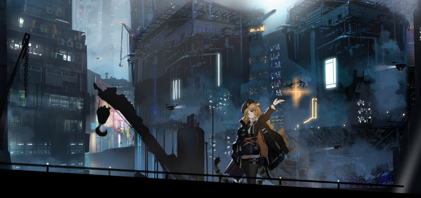 1girl :d animal_ears arknights arm_up bangs black_legwear blonde_hair building city city_lights cityscape collared_shirt crane_(machine) drill_hair drone green_eyes hat head_tilt highres jacket jacket_on_shoulders long_hair long_sleeves looking_at_viewer military_hat open_mouth outdoors outstretched_arm shirt shiyashiki sidelocks skyscraper smile solo swire_(arknights) tail thigh-highs tiger_ears tiger_girl tiger_tail watch watch