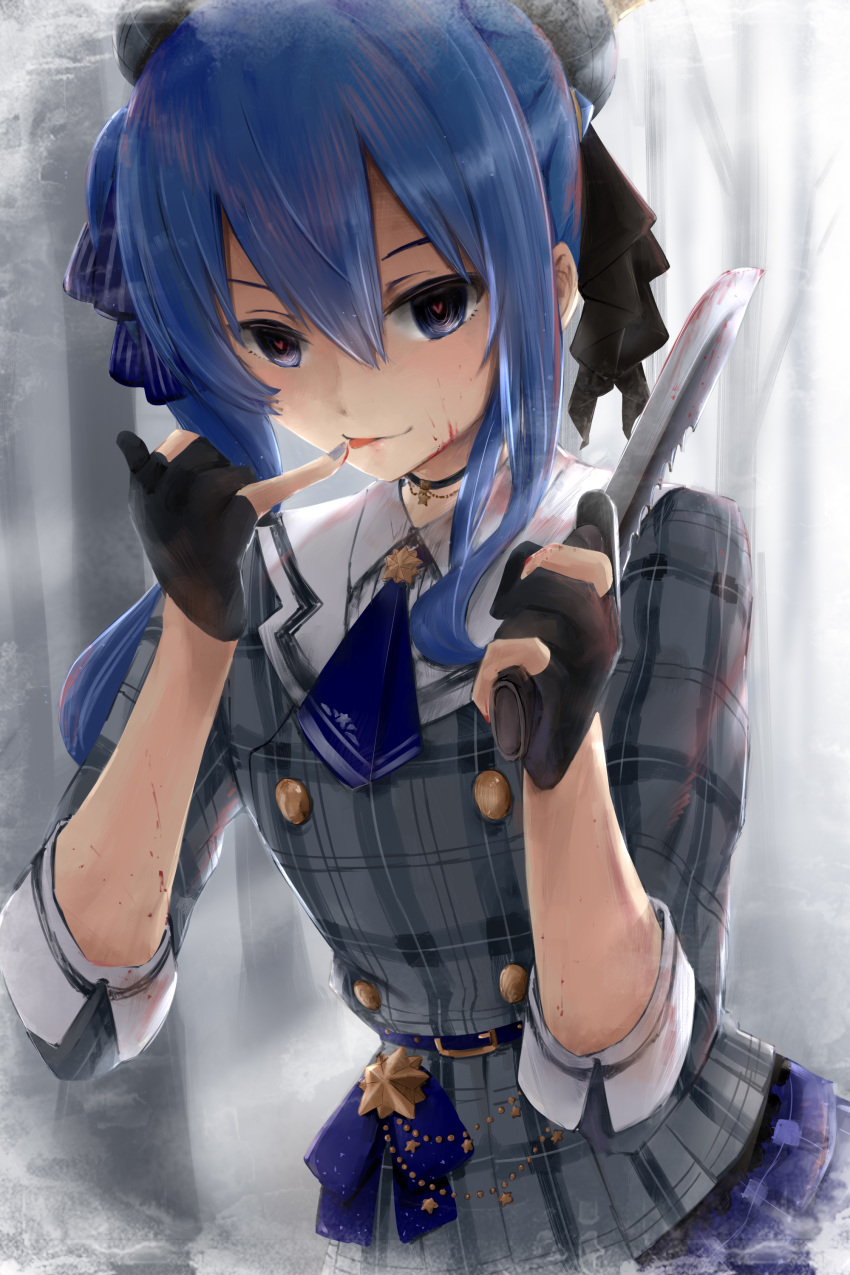 1girl absurdres belt beret blood blood_on_face bloody_knife blue_eyes blue_hair choker combat_knife dress finger_licking fingerless_gloves gloves hair_ribbon hat heart heart-shaped_pupils highres holding holding_knife hololive hoshimachi_suisei knife licking plaid plaid_dress ribbon rizuki_suwoto side_ponytail solo symbol-shaped_pupils upper_body virtual_youtuber weapon