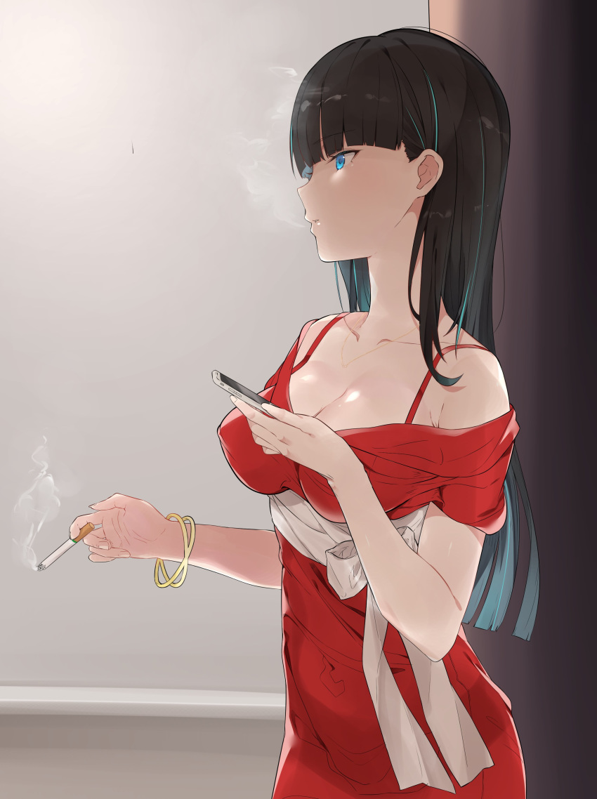 1girl absurdres bangle bangs black_hair blue_eyes bracelet breasts cellphone cigarette dress highres jewelry mitsudoue multicolored_hair phone red_dress smartphone smoke smoking two-tone_hair